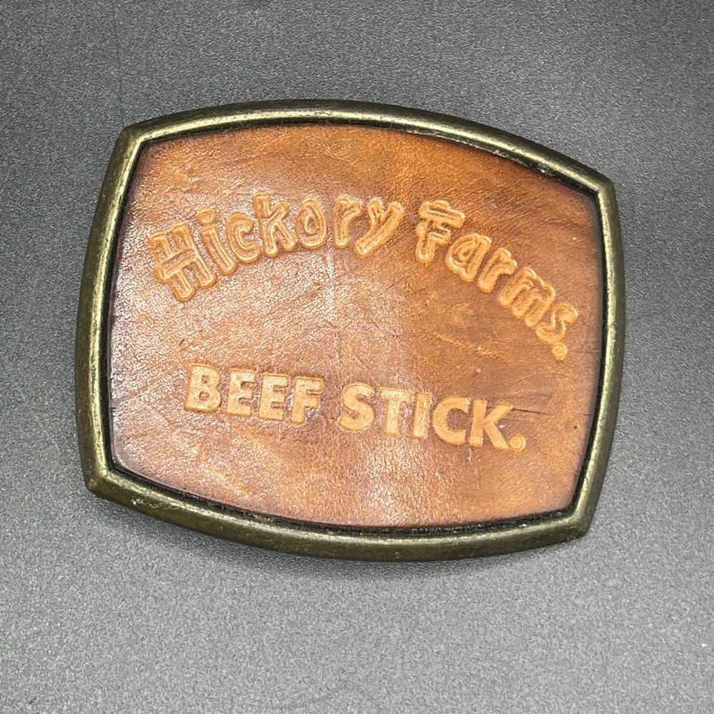 Vintage Hickory Farms "Meat Stick" Leather and Metal Belt Buckle